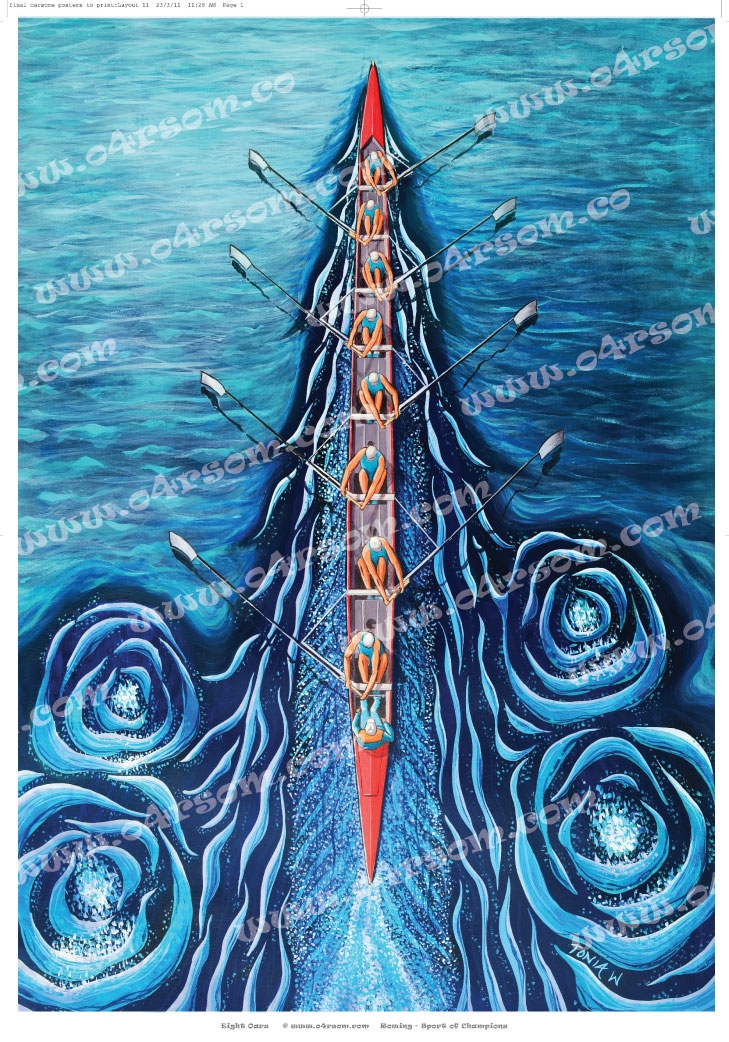 Blue Eight: like 'EightOars' only with blue water. o4rsom rowing art.